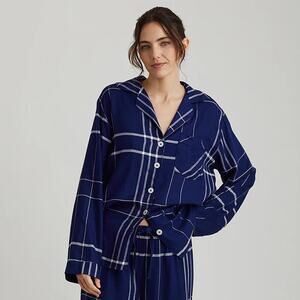 NWOT PAPINELLE Pajama Top M Flannel Plaid Long Sleeve Button Oversized Navy Soft